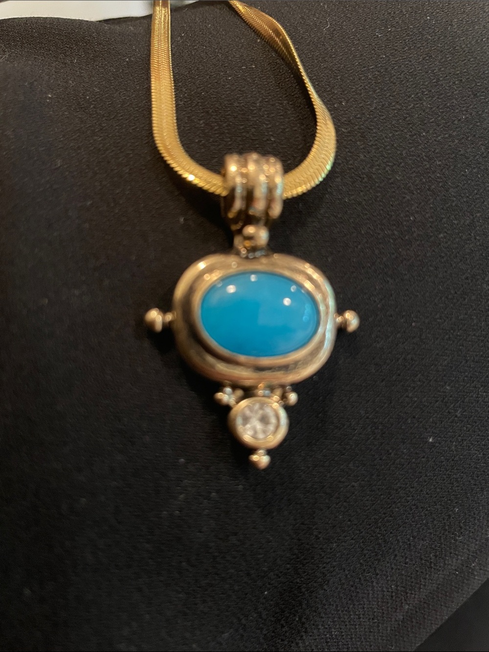 Gold Pendant Necklace with blue moonstone Cabochon stone and Clear Accent